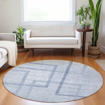 8' Sky Blue And Denim Blue Round Geometric Washable Indoor Outdoor Area Rug