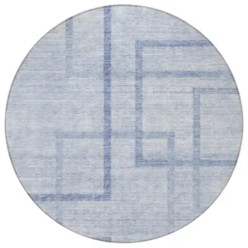 8' Sky Blue And Denim Blue Round Geometric Washable Indoor Outdoor Area Rug