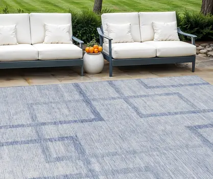 10' X 14' Sky Blue And Denim Blue Geometric Washable Indoor Outdoor Area Rug
