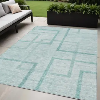5' X 8' Teal Blue And Aqua Geometric Washable Indoor Outdoor Area Rug