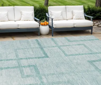 9' X 12' Teal Blue And Aqua Geometric Washable Indoor Outdoor Area Rug
