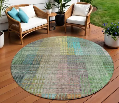 8' Green Gold And Teal Blue Round Abstract Washable Indoor Outdoor Area Rug
