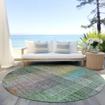 8' Green Gold And Teal Blue Round Abstract Washable Indoor Outdoor Area Rug