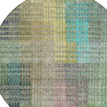 8' Green Gold And Teal Blue Round Abstract Washable Indoor Outdoor Area Rug