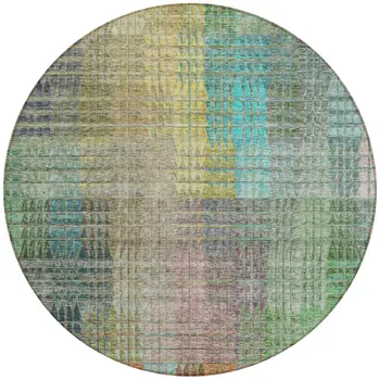 8' Green Gold And Teal Blue Round Abstract Washable Indoor Outdoor Area Rug