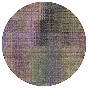 8' Plum Olive Green And Lavender Round Abstract Washable Indoor Outdoor Area Rug