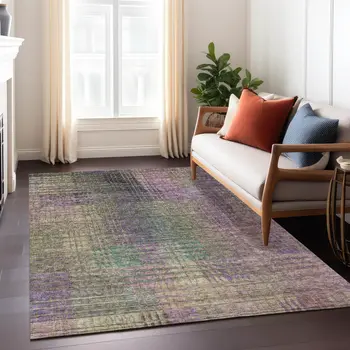 10' X 14' Plum Olive Green And Lavender Abstract Washable Indoor Outdoor Area Rug