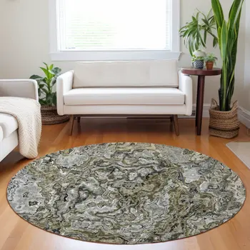 8' Brown Beige And Tan Round Abstract Washable Indoor Outdoor Area Rug