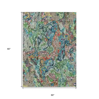 5' X 8' Orange And Teal Blue Abstract Washable Indoor Outdoor Area Rug