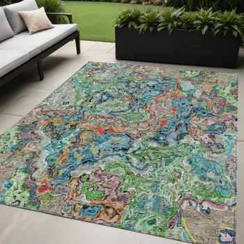 5' X 8' Orange And Teal Blue Abstract Washable Indoor Outdoor Area Rug