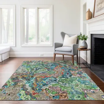5' X 8' Orange And Teal Blue Abstract Washable Indoor Outdoor Area Rug