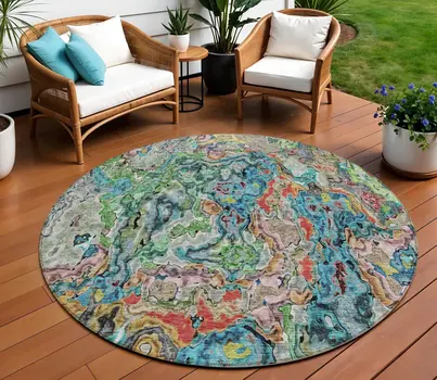 8' Orange And Teal Blue Round Abstract Washable Indoor Outdoor Area Rug