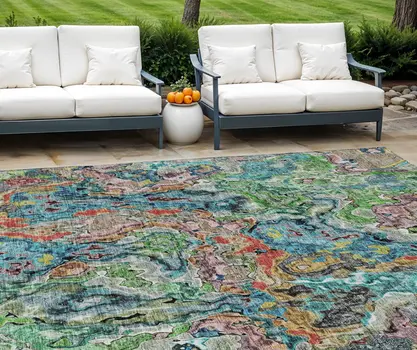 10' X 14' Orange And Teal Blue Abstract Washable Indoor Outdoor Area Rug