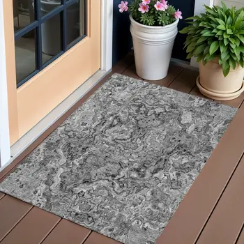3' X 5' Gray Charcoal And Silver Abstract Washable Indoor Outdoor Area Rug