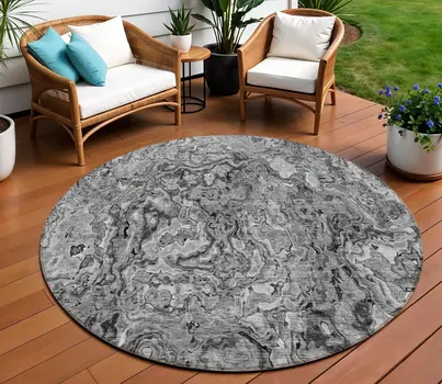 8' Gray Charcoal And Silver Round Abstract Washable Indoor Outdoor Area Rug