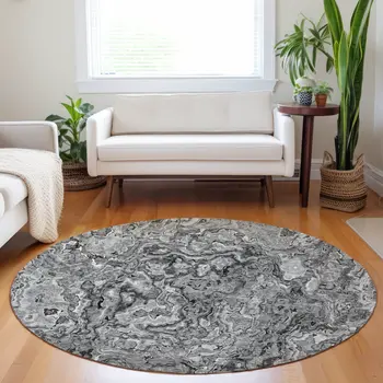 8' Gray Charcoal And Silver Round Abstract Washable Indoor Outdoor Area Rug