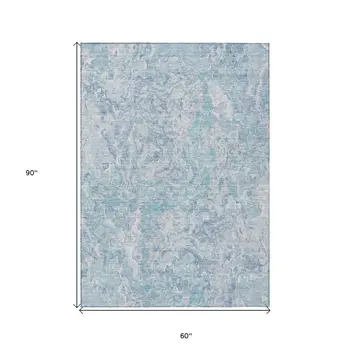 5' X 8' Sky Blue And Denim Blue Abstract Washable Indoor Outdoor Area Rug