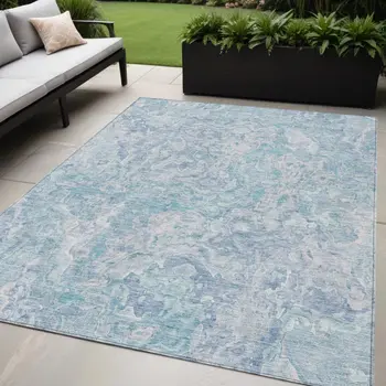 5' X 8' Sky Blue And Denim Blue Abstract Washable Indoor Outdoor Area Rug