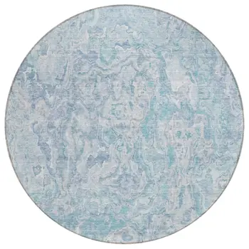 8' Sky Blue And Denim Blue Round Abstract Washable Indoor Outdoor Area Rug