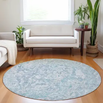 8' Sky Blue And Denim Blue Round Abstract Washable Indoor Outdoor Area Rug