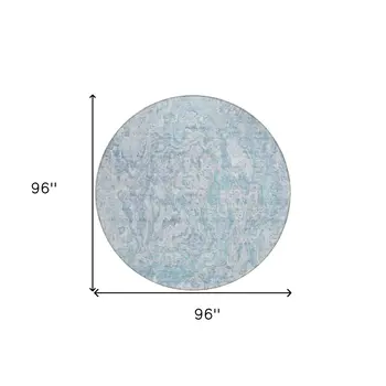 8' Sky Blue And Denim Blue Round Abstract Washable Indoor Outdoor Area Rug
