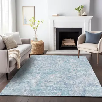 9' X 12' Sky Blue And Denim Blue Abstract Washable Indoor Outdoor Area Rug
