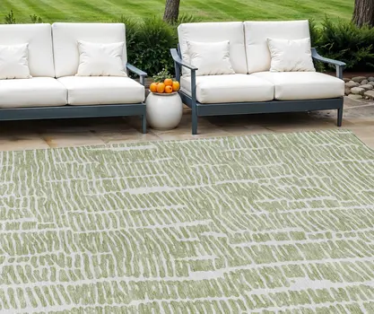9' X 12' Artichoke Green And Ivory Abstract Washable Indoor Outdoor Area Rug