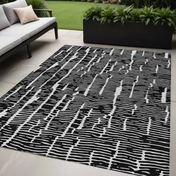 5' X 8' Black And Ivory Abstract Washable Indoor Outdoor Area Rug