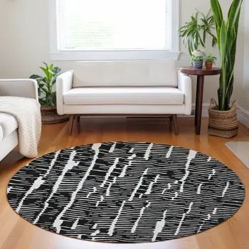 8' Black And Ivory Round Abstract Washable Indoor Outdoor Area Rug