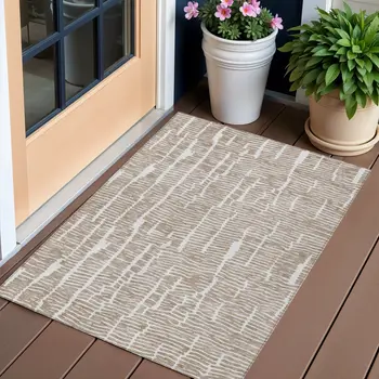 3' X 5' Brown And Ivory Abstract Washable Indoor Outdoor Area Rug