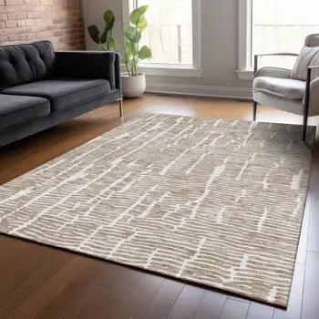 3' X 5' Brown And Ivory Abstract Washable Indoor Outdoor Area Rug