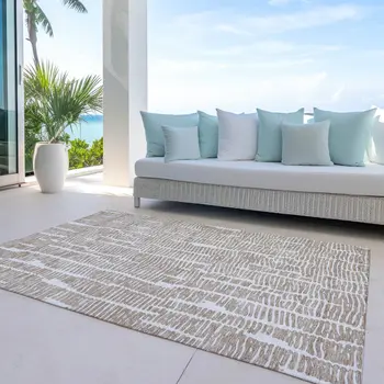 8' X 10' Brown And Ivory Abstract Washable Indoor Outdoor Area Rug
