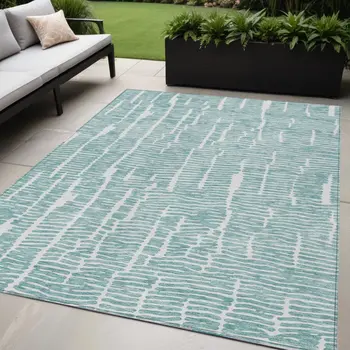 5' X 8' Teal Blue And Ivory Abstract Washable Indoor Outdoor Area Rug