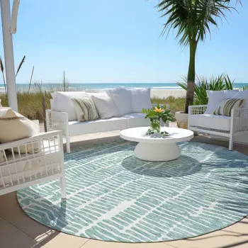 8' Teal Blue And Ivory Round Abstract Washable Indoor Outdoor Area Rug