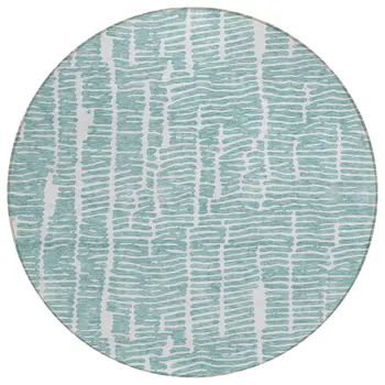8' Teal Blue And Ivory Round Abstract Washable Indoor Outdoor Area Rug