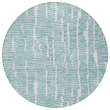 8' Teal Blue And Ivory Round Abstract Washable Indoor Outdoor Area Rug