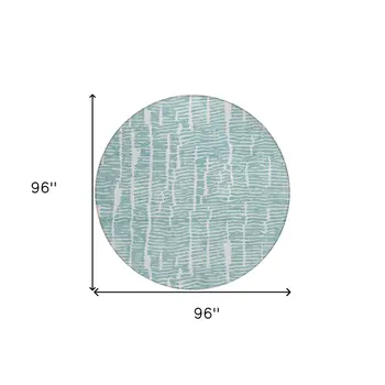 8' Teal Blue And Ivory Round Abstract Washable Indoor Outdoor Area Rug