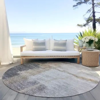 8' Gray Charcoal And Beige Round Abstract Washable Indoor Outdoor Area Rug