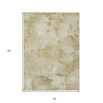 3' X 5' Beige Tan And Ivory Floral Washable Indoor Outdoor Area Rug