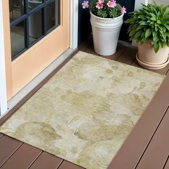 3' X 5' Beige Tan And Ivory Floral Washable Indoor Outdoor Area Rug