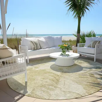 8' Beige Tan And Ivory Round Floral Washable Indoor Outdoor Area Rug