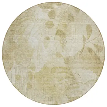 8' Beige Tan And Ivory Round Floral Washable Indoor Outdoor Area Rug