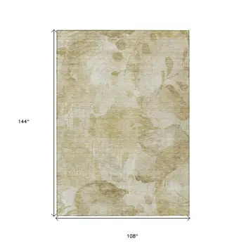 9' X 12' Beige Tan And Ivory Floral Washable Indoor Outdoor Area Rug