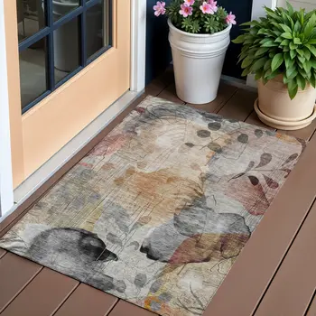 3' X 5' Terra Cotta Copper And Beige Floral Washable Indoor Outdoor Area Rug