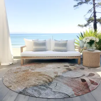 8' Terra Cotta Copper And Beige Round Floral Washable Indoor Outdoor Area Rug