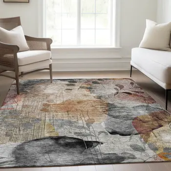 8' X 10' Terra Cotta Copper And Beige Floral Washable Indoor Outdoor Area Rug