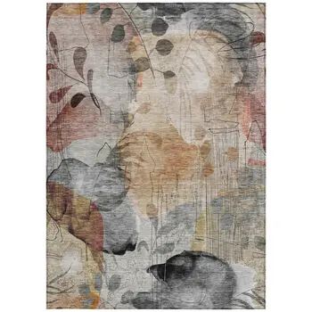 9' X 12' Terra Cotta Copper And Beige Floral Washable Indoor Outdoor Area Rug