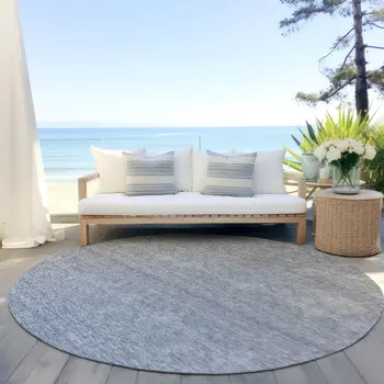 8' Denim Blue And Gray Round Ombre Washable Indoor Outdoor Area Rug