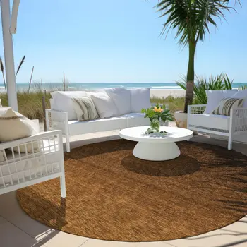 8' Chocolate And Brown Round Ombre Washable Indoor Outdoor Area Rug