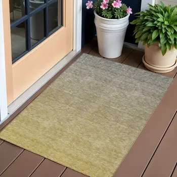 3' X 5' Gold Beige And Taupe Ombre Washable Indoor Outdoor Area Rug